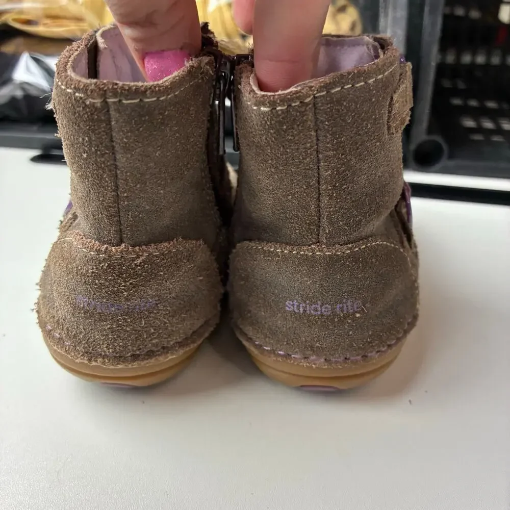 Stride Rite Brown Suede Boots Toddler Girl 6 Side Zip Purple Buckle Walking Shoe